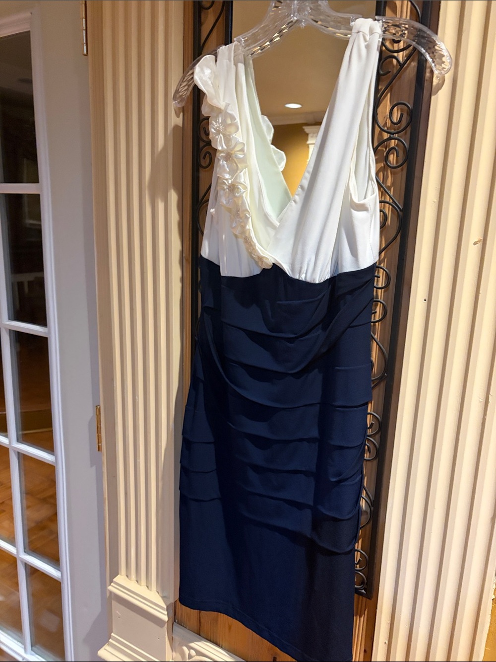 Two-Tone White and Navy V-Neck Ruffle Dress Dress Barn Collections